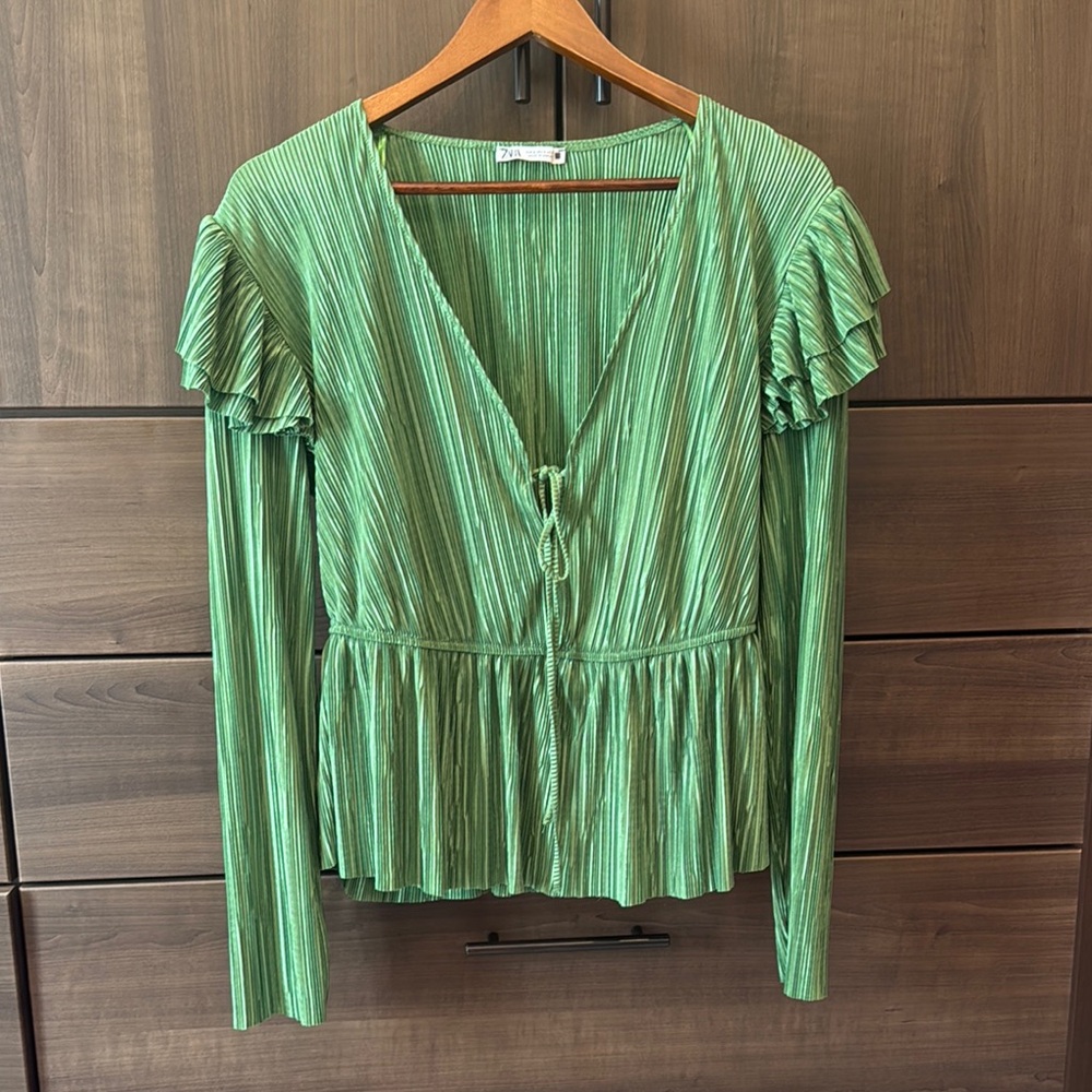 Zara Green Pleated V-Neck Top